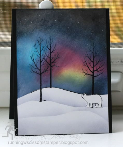 Northern Lights Cards, Northern Lights Card, Fall Paintings, Sponging, Homemade Birthday Cards, Beautiful Christmas Cards, The Friday, Tree Cards, Xmas Card