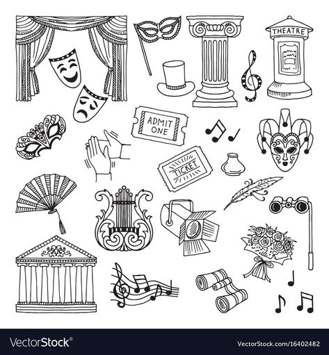 Broadway Tattoos, Theatre Symbol, Theatre Tattoo, Theatre Illustration, Opera Show, Vector Symbols, Cool Doodles, Doodle Tattoo, Collaborative Art