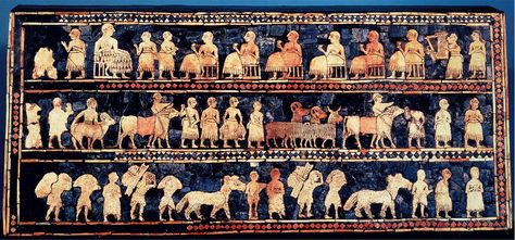 Standard of Ur from the Royal Tombs at Ur (modern Tell el-Muqayyar, Iraq). Sumerian. c. 2600-2400 BCE. Wood inlaid with shell, lapis lazuli, and red limestone. Sumerian Architecture, Ap Art History 250, Ancient Sumer, Egyptian Kings, History Magazine, Ancient Mesopotamia, Archaeological Discoveries, Teaching History, Ap Art