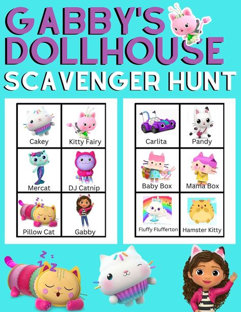 Gabby's Dollhouse Scavenger Hunt Simply print the characters, and tape them all around. I recommend laminating them for repeated use. I print 2-4 characters per page. Print the page with all the characters on it for your hunters to cross off as they find them. Gabbys Dollhouse Party Activities, Gabby Dollhouse Birthday Games, Gabbys Dollhouse Characters, Gabby Dollhouse Activities, Gabbys Dollhouse Crafts, Gabby’s Dollhouse Birthday Party Activities, Gabby’s Dollhouse Crafts, Gabby’s Dollhouse Birthday Games, Gabby Cat