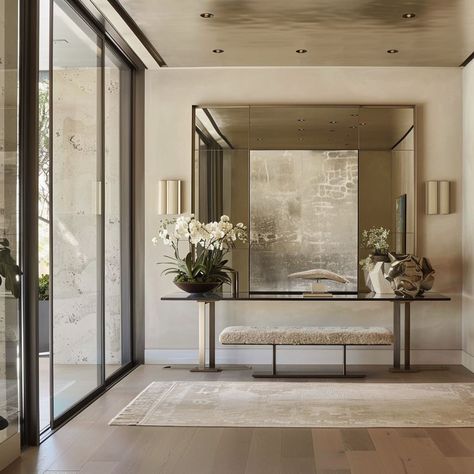 Symphony Aesthetic, Foyer Design Modern Entrance, Modern Entrance Hall, Hall Design Ideas, Contrast Composition, Mirror Decor Living Room, Modern Foyer, Lake House Interior, Elegant Entryway