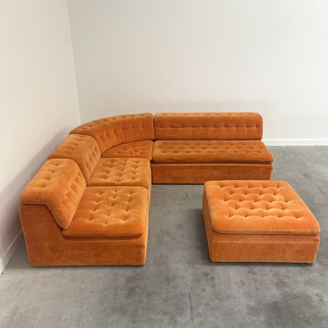 Listed on VNTG.com: Vintage orange velvet elements sofa, 1970s | #vntg #vintage 70s Orange Couch, Retro Couch Living Rooms, Colorful Velvet Couch, 1970’s Furniture, Orange Vintage Couch, Vintage Velvet Couch, Orange Velvet Couch, 1970s Sofa, 70s Couch