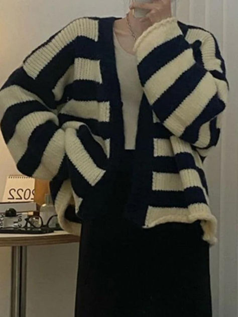 Style: Casual/Street/Vintage/Sweet/Preppy 
 Fabric Content: Acrylic 
 Fit Type: Loose Fit 
 Neckline: V Neck 
 Sleeve Length: Long Sleeve Loose Knit Cardigan, Patchwork Cardigan, Loose Knit, Sweaters Online, Striped Cardigan, Green Day, Color Stripes, V Neck Dress, Denim Fashion