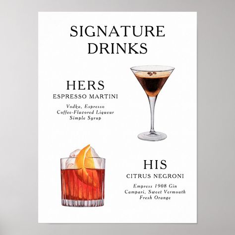 Signature Drinks Wedding Cocktail Menu Poster Signature Drinks Wedding, Drinks Poster, Drinks Wedding, Menu Poster, Wedding Signature Drinks, Whiskey Sour, Cocktail Menu, Bitter Orange, Wedding Cocktail