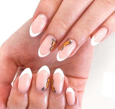 French Manicure With Cherries, French Manicure Butterfly, French Tips With Butterfly, Modern French Manicure, Butterfly Manicure, French Manicure Nail Designs, Cherry Nail, Butterfly Nails, Manicure Nail Designs