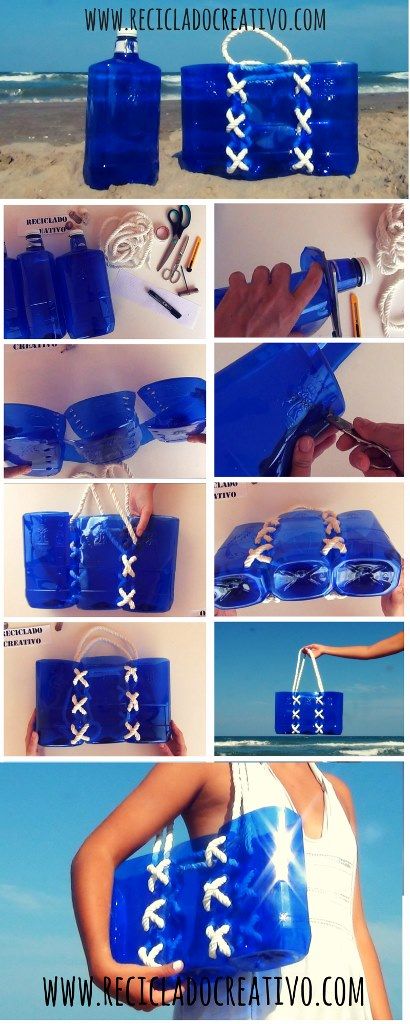 This bag is made out of three upcycled plastic bottles and a rope. https://youtu.be/PYAghz0KdmE Plastic Bottles Crafts, Upcycle Plastic, Reuse Plastic Bottles, Plastic Bottle Art, Diy Plastic Bottle, Plastic Bottle Crafts, Recycled Projects, Upcycle Recycle, Diy Recycle