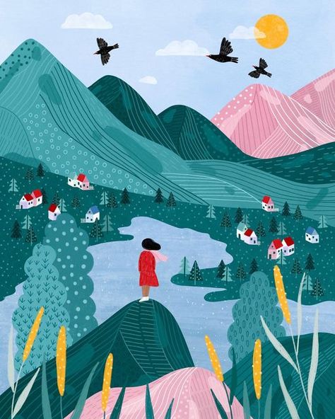 Bea Müller on Instagram: "It has been a while since my last landscape illustration, definitely time for a new one. . This one is called Mountains, some of you might have seen the sketch in my stories. It was one of those days where my daughter woke up at 5am and we just head down to the dining table for some drawing and crafting. Usually my daughter keeps the sketch for colouring in (not that I get asked, she just takes it), but most of the time I manage the take a quick picture beforehand so I Painting In Nature, Mountains Illustration, Colourful Nature, Colourful Landscape, Bicycle Illustration, Night Sky Art, Mindful Art, Halloween Wallpaper Backgrounds, Mountain Drawing