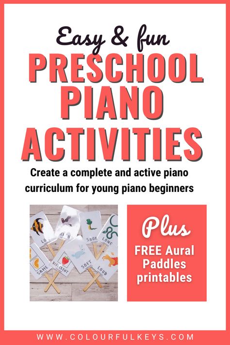 Download your free aural paddles -- a fun way to engage little piano students in active ear training in piano lessons. So, you’ve decided to teach preschoolers. Welcome to the other side! Piano beginners aged 3, 4 or 5 can be one of the most fun groups to teach – but they can also be one of the most challenging. Set yourself up for success from the very start by finding or building the perfect preschool curriculum for your own piano studio. Preschool Curriculum Activities, Preschool Music Lessons, Music Games For Kids, Beginner Piano Lessons, Free Piano Lessons, Ear Training, Piano Lessons For Beginners, Teaching Lessons Plans, Beginner Piano