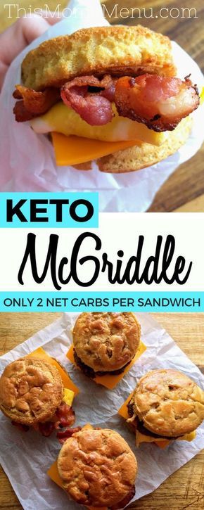 Pancakes, syrup, bacon, eggs and cheese come together in perfect harmony in this recipe for homemade McGriddle Sandwiches. This low carb twist on the quintessential fast food breakfast sandwich is pure perfection. What could possibly be better than an entire American breakfast all wrapped up in one sandwich, with only 2 net carbs?? #keto #lowcarbbreakfast #ketorecipes Pancakes Low Carb, Ketone Recipes, Fast Food Breakfast, Desayuno Keto, Keto Breakfasts, Artemis Fowl, Bacon Egg And Cheese, Bacon And Cheese, Low Carb Life