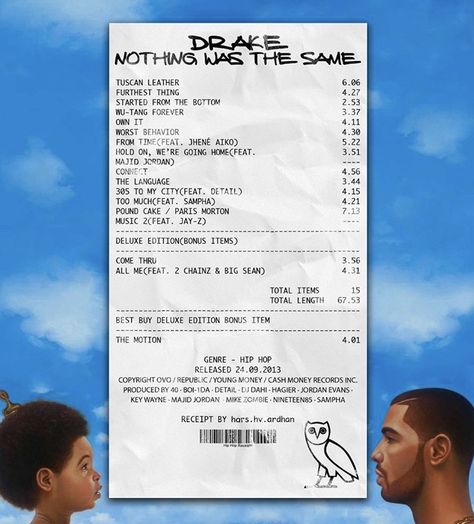 Album Receipts Drake, Drake Album Receipt, Drake Receipt, Menu Iphone, Best Album Art, Album Receipts, Majid Jordan, Album Receipt, Drakes Album