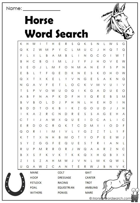 Horse Word Search - Monster Word Search Horse Word Search, Horse Activity Sheets, Horse Camp Activities, Horse Worksheets, Horse Activities, Farm Activities Preschool, Winter Science Experiments, Color By Number Printable, Horse Lessons