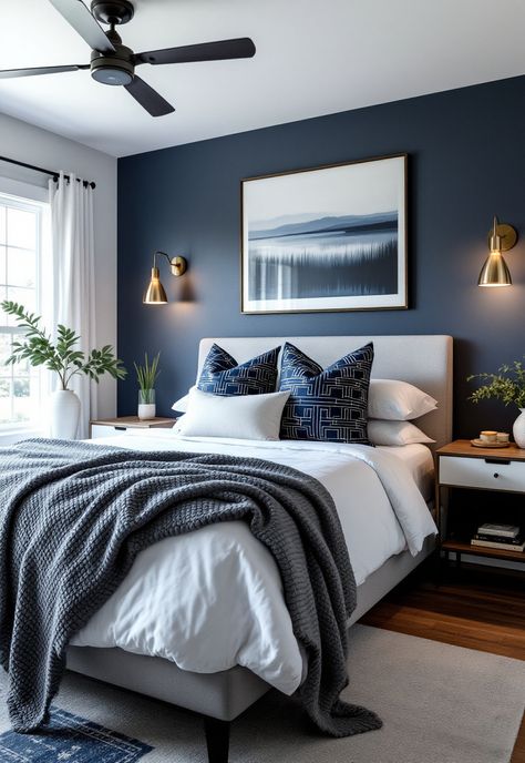 coastal bedroom decorating Navy Bedroom White Furniture, Coastal Modern Bedding, Guest Bedroom Ideas Navy Blue, Navy White Bedroom Ideas, Men’s Coastal Bedroom, Bedrooms With Navy Bedding, Dark Blue Guest Bedroom, Lake House Modern Decor, Dark Blue Bedroom Ideas For Couples