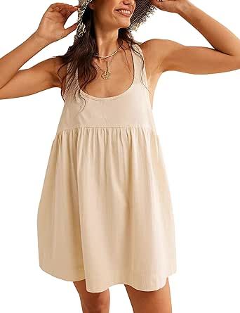 Tiko Miko Womens Summer Dresses Sleeveless Square Neck Mini Dress Open Back Casual Babydoll Sundress Beauty Tunics, Casual Tanks, Mini Sundress, Mini Tank Dress, Mini Dresses For Women, Khaki Dress, Mini Dress Casual, Flowy Dress, Sleeveless Mini Dress