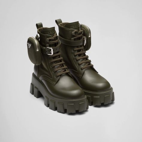 Military Green Monolith leather and nylon fabric boots | Prada Boots With Pouch, Prada Combat Boots, Prada Monolith, Industrial Fabric, Fabric Boots, Lettering Logo, Military Boots, Triangle Logo, Prada Shoes