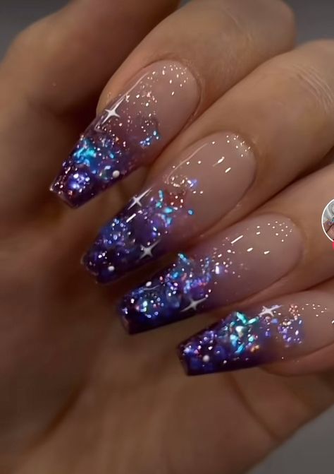 Purple January Nails, Night Inspired Nails, Milky Way Nails, Nails Blue And Purple, Nail Ideas January, Purple And Blue Nails, Blue Purple Nails, Cosmic Nails, Witchy Nails