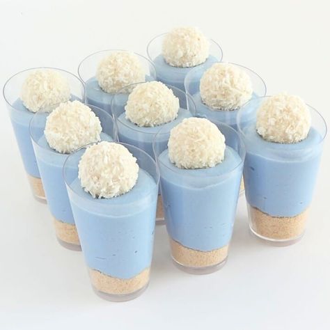 Vanilla Cheesecake Dessert Cups Cupcake Savvy Blueberry Dessert Cups, Cheesecake Gender Reveal, Wedding Treat Ideas, Light Blue Desserts, Blue Desserts For Baby Shower Boys, Mini Dessert Cups Easy, Blue Baby Shower Desserts, Baby Boy Shower Desserts, Baby Shower Dessert Table Boy