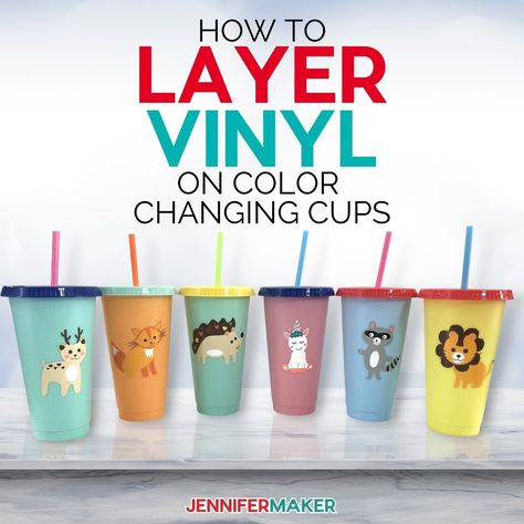 How to Layer Vinyl on Cricut ( + Fun Color-Changing Cups) Color Changing Cups Vinyl Ideas, Vinyl Designs For Cups, Color Changing Cups Vinyl, Cricut Cup Ideas Vinyls, Personalized Wine Glasses Diy, Diy Pouch No Zipper, Secret Hiding Spots, Color Changing Cups, Jennifer Maker