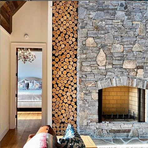 Fireplace With Birch Logs, Birch Wood Logs Decor, Logs In Fireplace Decorative, Over Grouted Stone Fireplace, Modern Craftsman Fireplace, Stone Fireplace With Wood Mantle, Cobblestone Fireplace, Modern Rustic Fireplace, Fireplace Modern Design