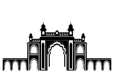 Entrance to the Indian Palace, flat illustration in black and white colors, isolated on white background Indian Architecture Illustration, Jaipur Architecture, Palace Illustration, Palace Drawing, Indian Palace, Palace Architecture, Mysore Palace, Indian Theme, Mughal Architecture