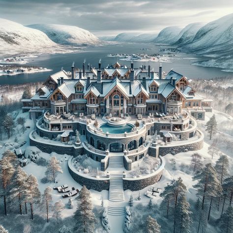 Massive Mansion Exterior, Scandinavian Mansion, Snow Mansion, Medieval Castle Layout, Winter Mansion, Massive Mansion, Biggest House, Dream House Pictures, Castle Layout