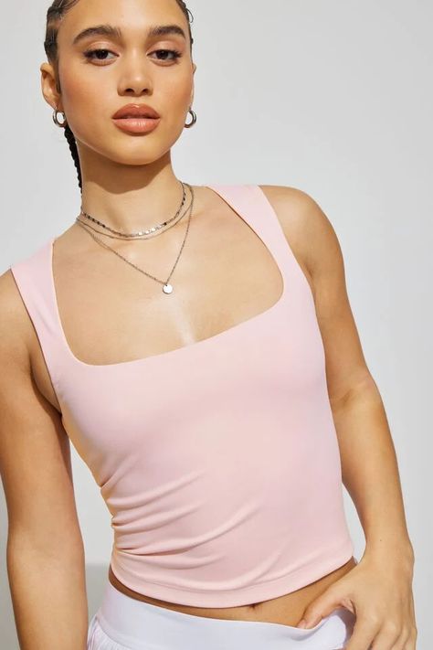 Amber Portrait Neck Tank Top, Chalk Pink Cute Fits For Summer, Thick Strap Tank Top, Square Neck Tank Top, Preppy Tops, Trendy Tank Tops, Garage Clothing, Tøp Aesthetic, Light Pink Tops, Fits For Summer