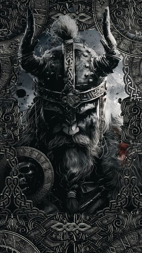 free wallpapers 4K viking, warrior, horns, frame, pattern, art, bw for mobile and desktop Viking Ancestry, Viking Gods, Valkyrie Tattoo, Art Viking, Nordic Aesthetic, Symbole Viking, Norse Myth, Warrior Tattoos, Viking Culture