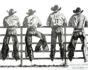 The Best Seats In The House, drawing of rodeo cowboys up on the fence at the rodeo, western cowboy, western art Rodeo Cowboys, Western Artwork, Western Photography, Western Wall Art, Western Artist, Cowgirl Art, Western Aesthetic, Cowboy Art, House Drawing