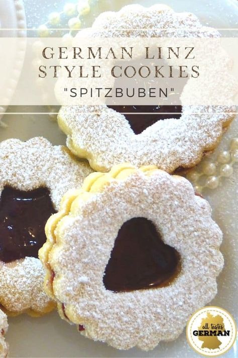 Linzer Style Cookies - Spitzbuben - All Tastes German Christmas Cookies Jam, Quick Christmas Cookie Recipe, Raspberry Linzer Cookies, Linzer Tart, German Christmas Traditions, Linzer Cookies Recipe, German Christmas Cookies, German Cookies, Christmas Cookie Recipe