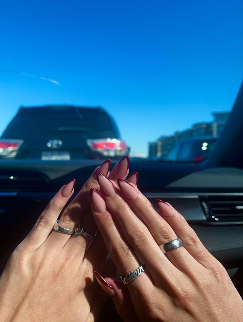 Right hand over left hand with nails done. Nails are almond shaped with a maroon VFrench tip. French Tip Fall Nails, V French Tip, Maroon Acrylic Nails, Almond Shaped Nails Designs, Almond Acrylic Nails Designs, Almond Nails French, Almond Shaped Nails, Hoco Nails, Color Bordo