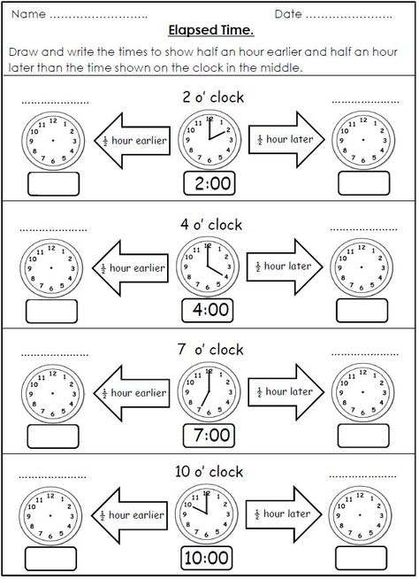 FREE!! Elapsed time using half hour earlier and later than a given time. Time Worksheets Grade 3, Elapsed Time Worksheets, Worksheets 3rd Grade, Clock Worksheets, Telling Time Activities, Telling Time To The Hour, Telling Time Worksheets, Time To The Hour, Mathematics Worksheets