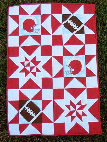 Football SuperStars Quilt by Ms P Designs USA Kid Quilts Patterns, Football Quilt, Brutus Buckeye, Quilt Board, Sports Quilts, Football Stars, Red And White Quilts, Baby Quilt Pattern, Baby Quilt Patterns