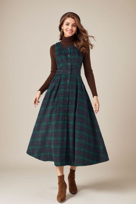 ★★ FEATURES * 30% wool, other fiber,nylon * Polyester lining * Two side pockets * Right side zipper closure * Sleeveless dress * Fitted waist dress * Plaid wool dress * A Line Dress  * Perfect for Winter, autumn * Dry clean * White blouse is not sale items ★★ The model is 170 cm (5′ 7″) tall with a 80 cm (31.5") bust, 66 cm (26") waist. She is wearing the wool dress in size XS. ★★ Bespoke Order Service If you Request other color Request the length Request a sleeve Your height is not between 155 cm- 172 cm Your weight is over 75 kg I can do it for you, It will need some extra fee depending on on your need. Contact with me for more detail. ★★ Get your size in Size Chart with your body measurement https://www.etsy.com/listing/794055682 ★★ Warmly Note: 1 ) : Please confirm your shipping addres Wool Long Dress, Winter Pinafore Dress, Plaid Wool Dress, Women’s Winter Dresses, Wool Dress Outfit, Tartan Dress Outfit, Wool Dress Winter, Plaid Dress Outfit, Winter Wool Dress