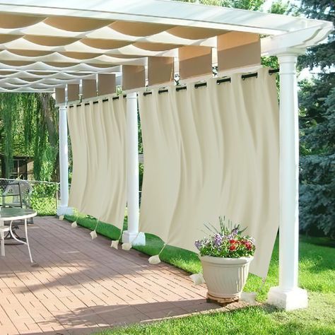 PRICES MAY VARY. Blackout READY MADE: Package includes 2 panels + 8 same-colored weighted bags (ONLY BAGS). Each panel is 105 inches wide and total width is 210 inches. Rustproof grommet on the top with 1.6" inner diameter, universal fit to most of curtain rods. WINDPROOF: New-design outdoor windproof curtains. Provide 4 empty bags, you can add weights to the bags by putting ballast or others. Then attach the weighted bags to the lower left and right corners of the curtain to prevent from wind b White Curtains Outside Patio, Curtains For Screened In Porch, Outdoor Curtains For Porch, Screened Pergola, Pool Hut, Outside Curtains, Curtains For Patio, Pool Pergola, Outdoor Drapes