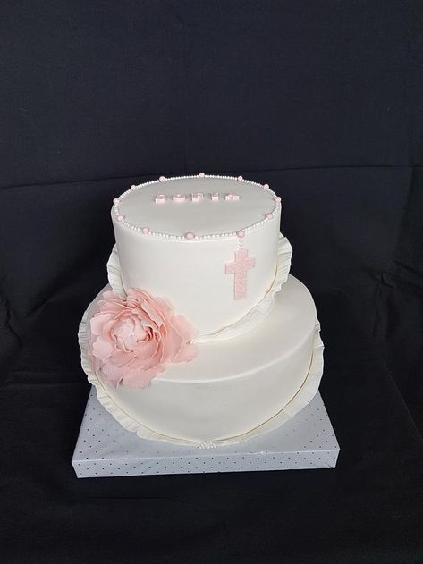 White & rose simple elegant cake for Christening of baby girl Sofia. Simple Christening Cake, Cake For Christening, Christening Cake Girl, Simple Elegant Cake, Simple Elegant Cakes, Baby Girl Cake, Rose Simple, Girl Birthday Cake