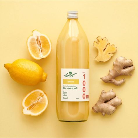 Imagery created by hej studio, a multidisciplinary design studio all about food and lifestyle based in Bregenz, Austria and Copenhagen, Denmark. On the menu: bold brand identities, packaging design solutions, graphic design, food photography and delicious content. #graphicdesign #packagingdesign #foodphotography #aesthetic #branding #contentcreation #lemon #ginger #drink #healthy Juicing Aesthetic Photography, Ginger Drink Photography, Ginger Product Photography, Herbal Drink Photography, Packaged Food Photography, Healthy Juice Aesthetic, Kombucha Aesthetic Photography, Drink Content Ideas, Smoothie Photography Food Styling