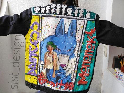 Art On Clothes, Hand Painted Jacket, Anime Jacket, Jacket Art, Custom Denim Jacket, Painted Jacket, Custom Denim, Princess Mononoke, Red River