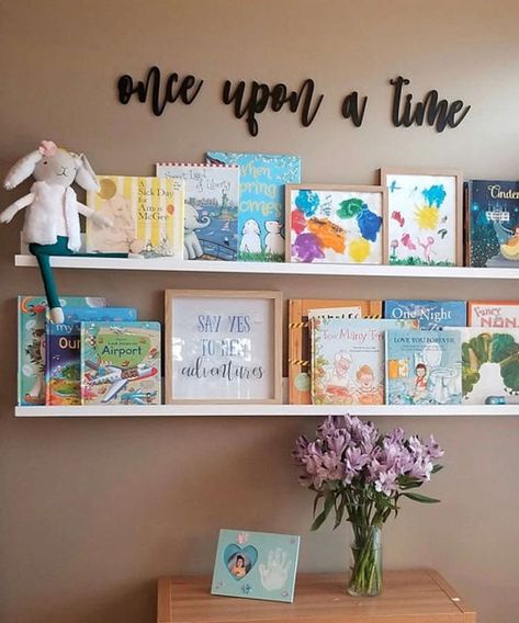 Once Upon A Time Wall Art, Once Upon A Time Decor, Baby Girl Disney Nursery, Small Toddler Room Girl, Disney Nursery Boy, Storybook Nursery Theme, Small Playroom Ideas, Once Upon A Time Sign, Book Themed Nursery