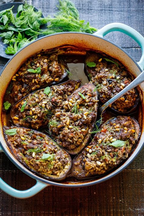 Lebanese Spices, Eggplant Stuffed, Feasting At Home, Stuffed Eggplant, Cooking Basmati Rice, Eggplant Recipe, Eggplant Dishes, Tomato Broth, Simple Green Salad