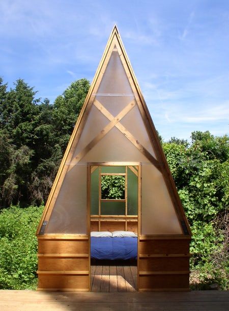 The Swamp Huts have a timber frame and polycarbonate panels (Photo: Moskow Linn Architects, from the... Meditation Hut, A Frame Tent, A Frame Cabins, Meditation Garden, Polycarbonate Panels, A Frame Cabin, Tiny Cabin, A Frame House, Sustainable Architecture