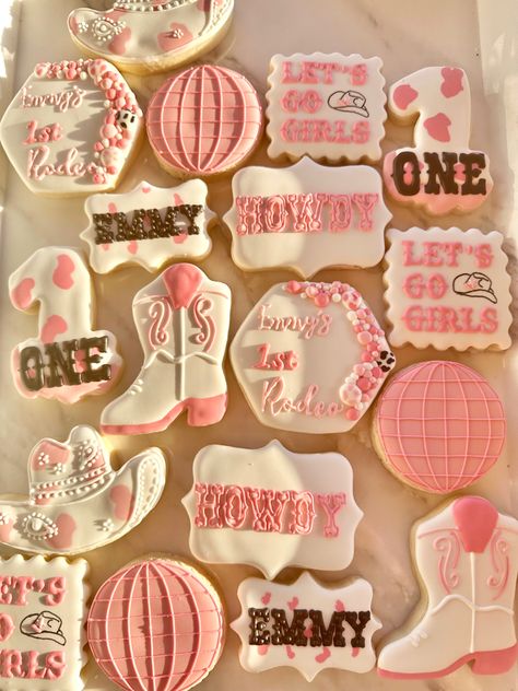 Cowgirl Theme 1st Birthday, Man I Feel Like I’m One Birthday Cookies, Her First Rodeo Birthday, Shania Twain Themed Birthday Party, First Cowgirl Birthday Party, Pink Cowgirl 1st Birthday Party, Cowgirl Themed First Birthday, Country 1st Birthday Girl, First Rodeo Cookies Girl