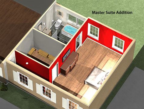 Master suite addition 3D rendering of interior floor plan Bedroom Addition Plans, Master Suite Floor Plan, Addition Plans, Master Suite Addition, Dutch Colonial Homes, Bedroom Addition, Drop In Tub, Interior Floor Plan, Room Addition