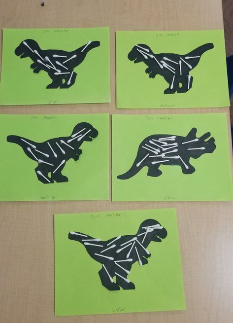 Today we talked about Dinosaur's Skeleton and made a dino's skeleton craft using Q-Tips. Dinosaur Theme Art Preschool, Dino Fine Motor Activities, Dinosaur Halloween Activities, Dino Projects Preschool, Dino Activities For Kindergarten, Dino Bones Craft, Dinosaur Activity Kindergarten, Preschool Dinosaurs Crafts, Preschool Fossil Activities