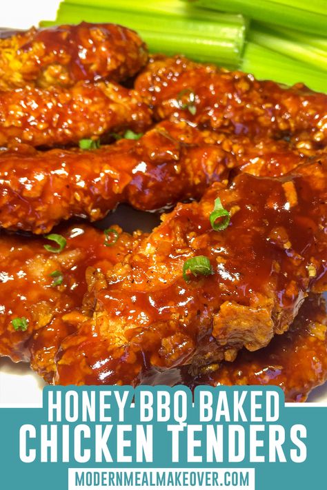 Honey Barbeque Chicken, Sweet Bbq Chicken, Bbq Baked Chicken, Baked Chicken Strips, Chicken Strip Recipes, Bbq Sauce Chicken, Honey Bbq Chicken, Honey Barbecue, Honey Bbq Sauce