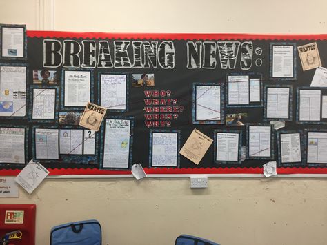 Crime board style newspaper article display - the Rocketeer Newspaper Bulletin Board Ideas, Wall Newspaper School Ideas, Newspaper Bulletin Board, Newspaper Article Display, Information Bulletin Boards, Trifold Board, Display Boards For School, Teaching Displays, The Rocketeer