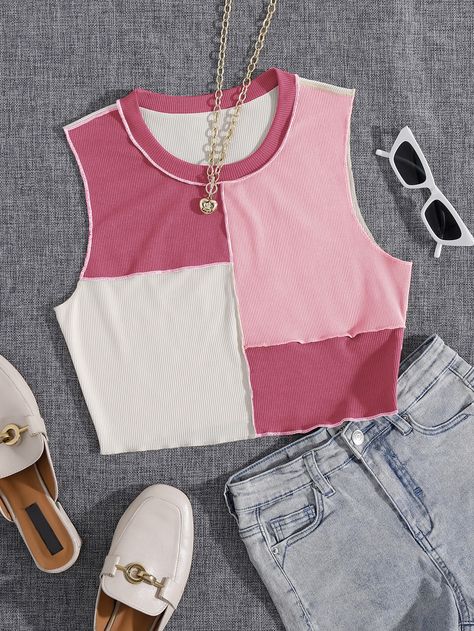 Multicolor Casual   Polyester Colorblock Tank Embellished High Stretch Summer Women Tops, Blouses & Tee Crop Top Outfits Classy, Fashion Clothes For Men, Cute Sewing Projects, Fancy Tops, Causal Outfits, Cute Preppy Outfits, Color Block Top, Easy Trendy Outfits, Crop Top Outfits