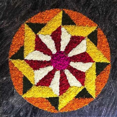 Celebrate this Onam with this attractive rangoli mat. Easy to  use and machine washable. Modern Rangoli, Simple Flower Rangoli, Garage Floor Mats, Diwali Decorations At Home, Living Room Door, Rangoli Ideas, Door Entrance, Flower Rangoli, Home Temple