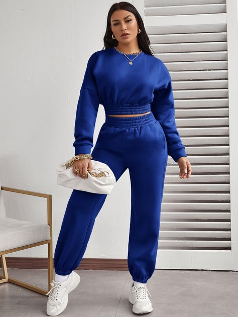 SHEIN EZwear Drop Shoulder Crop Thermal Pullover & Sweatpants Set | SHEIN ASIA Outfits Sweatpants, Highschool Outfits, 2piece Outfits, High School Outfits, Satin Cami, Sweatpants Set, Pajama Set Women, Pajama Sets, Shein Style