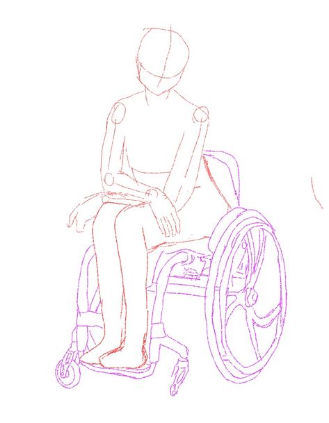 Person outline drawn in red siting in a wheelchair outlined in purple Disabled Drawing Reference, Wheel Chair Pose Reference, Wheelchair Pose Reference Drawing, How To Draw Crutches, Wheelchair Poses Drawing, Wheelchair Drawing Reference, Drawing Base Wheelchair, Wheelchair Art Reference, Wheelchair Drawing