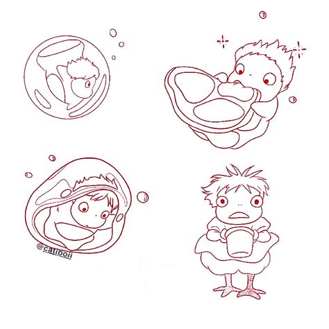 Ponyo Simple Drawing, Studio Ghibli Ponyo Tattoo, Ponyo Tattoo Design, Ponyo Eating Ham, Studio Ghibli Tattoo Ideas Ponyo, Studio Ghibli Cute Drawings, Studio Ghibli Tattoo Ponyo, Ponyo Drawings Sketch, Ponyo Studio Ghibli Drawing