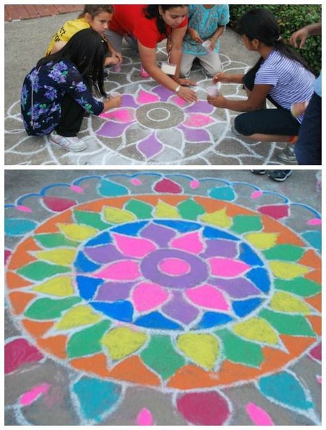 Kids' Rangoli Art from india Collaborative Art Projects For Kids, Fun Chalk Art, Preschool Art Projects, Collaborative Art Projects, Rangoli Art, Sidewalk Chalk Art, Sidewalk Art, Art Projects For Kids, Holidays Around The World